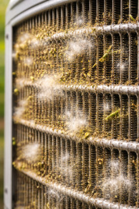 Close-up of an outdoor AC condenser coil with fins clogged by yellow pollen dust, cottonwood fluff, and small grass clippings