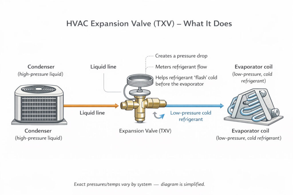 Diagram showing how an HVAC expansion valve (TXV) meters refrigerant flow from the condenser to the evaporator coil